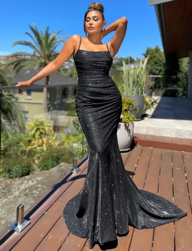 Black Sparkly Backless Cami Mermaid Evening Dress