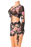 Floral Long Sleeve See Through Knotted Crop Top and Mini Ruched Skirt Two Pieces Set
