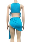 Sexy Blue Drawstrings Crop Top and Asymmetric Skirt 2PCS Set