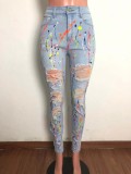Casual Light Blue Paints High Waist Distressed Jeans