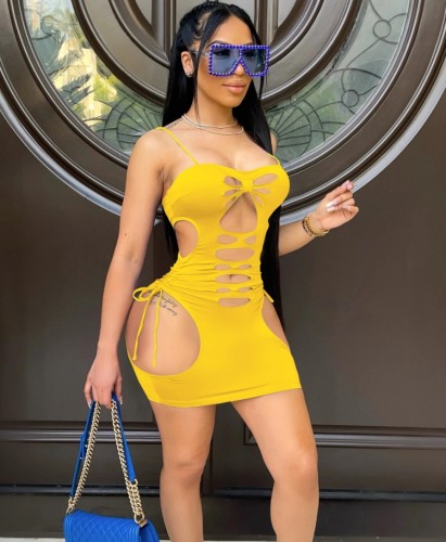 Yellow Sexy Hollow Out Cami Slim Fit Dress