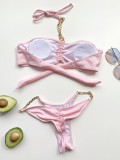 Pink Metal Chains Halter Bikini Set