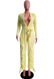 Deep-V Yellow Long Sleeve Slit Knotted Jumpsuit with Belt