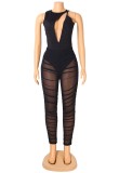 Sexy Black Hollow Out Sleeveless O-Neck Mesh Jumpsuit
