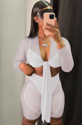 Sexy White Translucent Knotted Long Sleeve Crop Top and Shorts Two Pieces Set