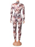 Graffiti Print Tight Top and Pants Two Pieces Set