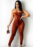 Brown Sexy Lace Up Strapless Mesh Splicing Bodycon Jumpsuit