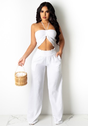 White Frill Crop Top and Wide Leg Pants Set