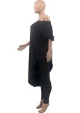 Black Asymmetric Long Top and Tight Pants Plus Size 2PCS Set