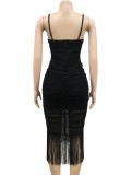 Black Sexy Tassels Long Cami Midi Dress