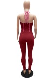 Red Lace-Up Hole Sexy Halter Bodycon Jumpsuit