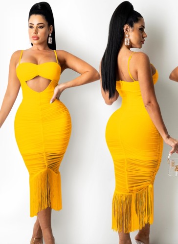 Yellow Sexy Tassels Long Cami Midi Dress