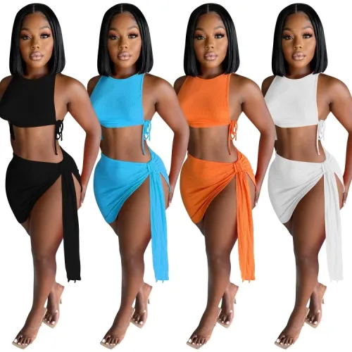 Sexy White Drawstrings Crop Top and Asymmetric Skirt 2PCS Set