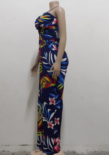 Print Blue Hollow Out Sexy Strap Bodycon Jumpsuit