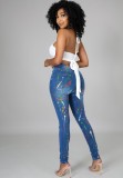 Casual Blue Paints High Waist Distressed Jeans