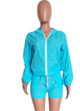 Blue Long Sleeves Zipper Hoody Top and Drawstring Shorts Tracksuit