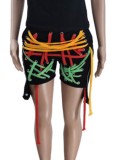 Colorful Strings Black Drawstring Asymmetric Elasticated Shorts