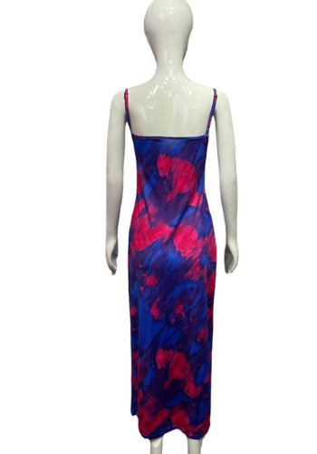 Print Blue Tie Dye Strap Long Dress