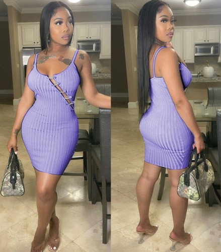 Purple Sexy Ribbed Cami Fitted Dress