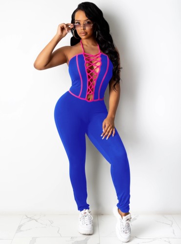 Blue Lace-Up Hole Sexy Halter Bodycon Jumpsuit