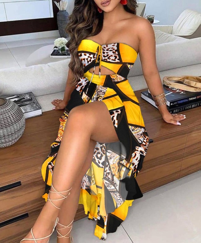 Yellow Print Strapless Hollow Out Slit Long Dress