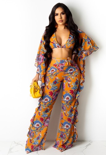 Floral Yellow Ruffle Crop Top and Pants Set
