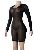 Sexy Black Beaded Long Sleeve Deep-V Mini Dress