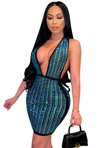 Sexy Green Rhinestone Deep-V Sleeveless Slim Fit Cocktail Dress