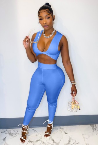 Blue Knotted Slim Fit Crop Top and Pants Two Pieces Set