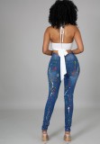 Casual Blue Paints High Waist Distressed Jeans