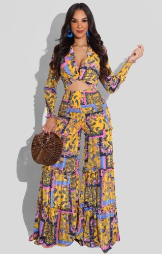 Print Knotted Long Sleeve Crop Top and Loose Pants Two Pieces Set