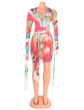 Front Zipped Multicolor Strings Long Sleeve Short Dress