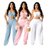 Blue Frill Crop Top and Wide Leg Pants Set