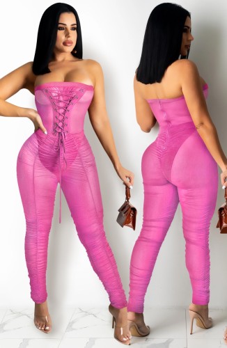 Hot Pink Sexy Lace Up Strapless Mesh Splicing Bodycon Jumpsuit