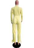 Deep-V Yellow Long Sleeve Slit Knotted Jumpsuit with Belt