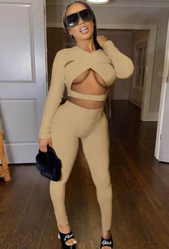 Khaki Sexy Cut Out Tight Crop Top and Pants Two Pieces Set