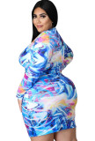 Plus Size Print Long Sleeve Ruched Zipper Tight Dress
