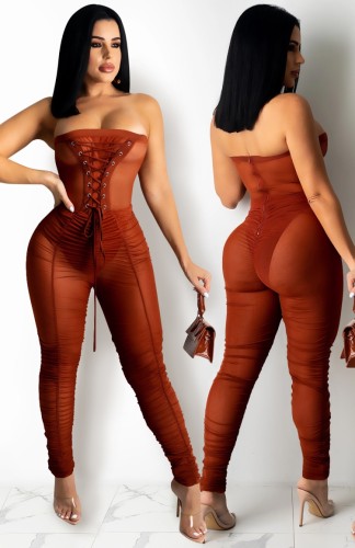 Brown Sexy Lace Up Strapless Mesh Splicing Bodycon Jumpsuit