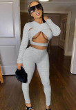 Grey Sexy Cut Out Tight Crop Top and Pants Two Pieces Set