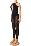 Sexy Black Hollow Out Sleeveless O-Neck Mesh Jumpsuit