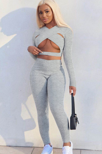 Grey Sexy Cut Out Tight Crop Top and Pants Two Pieces Set