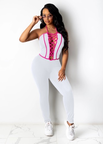 White Lace-Up Hole Sexy Halter Bodycon Jumpsuit