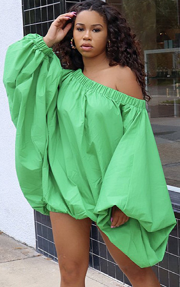 Green Off Shoulder Puff Sleeve Casual Loose Dress