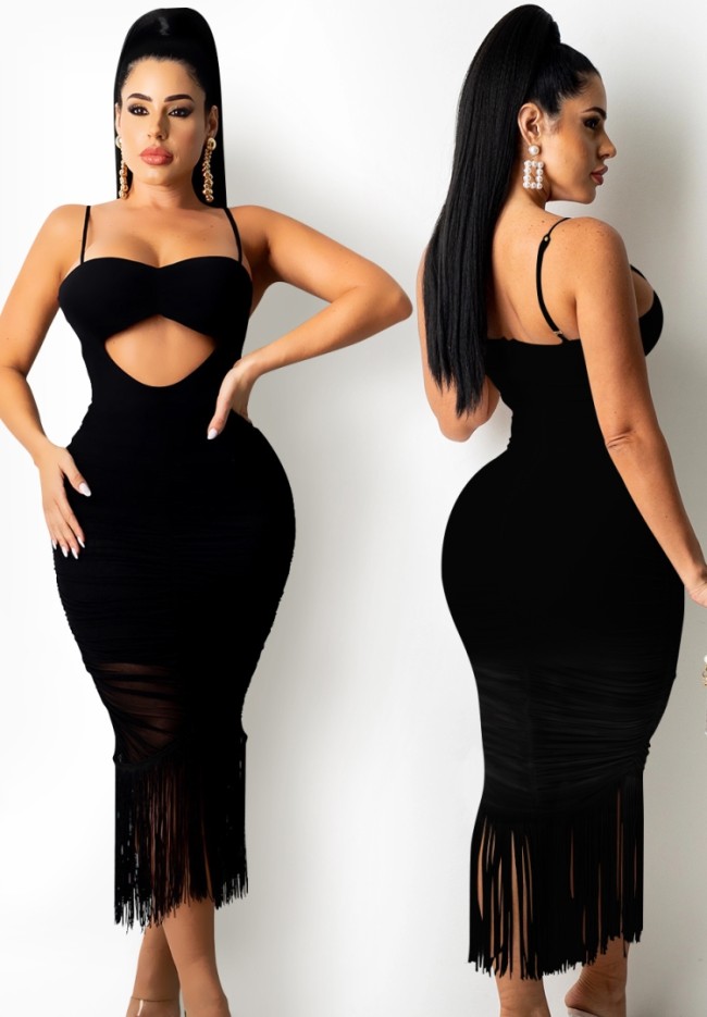 Black Sexy Tassels Long Cami Midi Dress