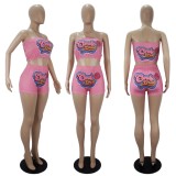 Print Cute Strapless Crop Top and Matching Shorts Two Pieces Set