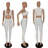 White Knotted Slim Fit Crop Top and Pants Two Pieces Set