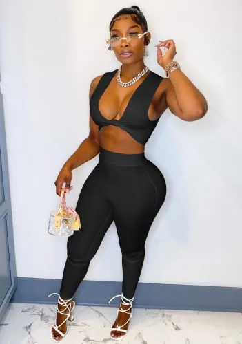 Black Knotted Slim Fit Crop Top and Pants Two Pieces Set