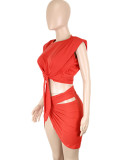 Red Knotted Crop Top and Irregular Mini Skirt Two Pieces Set