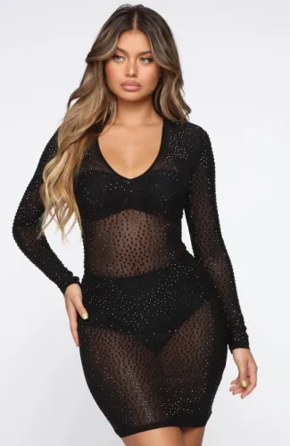 Sexy Black Beaded Long Sleeve Deep-V Mini Dress