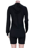 Black Slit Hoody Top and  Matching Shorts Two Pieces Set